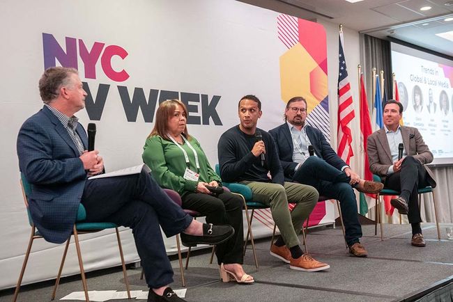 On the &ldquo;Trends in Global &amp; Local Media&rdquo; panel (l. To r.): moderator Sean Cunningham, VAB; Gloria Costanza, d&rsquo;exposito &amp; partners; Michael Roca, Omnicom Media Group; Alex Minicucci, Horizon Media; and David Tardio, Warner Bros. Discovery.