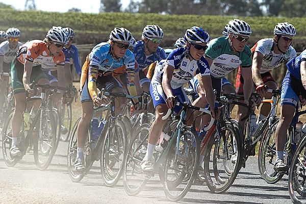 Riders pass vineyards near Merbein on the 81.3 kilometre stage 13 to Wentworth.