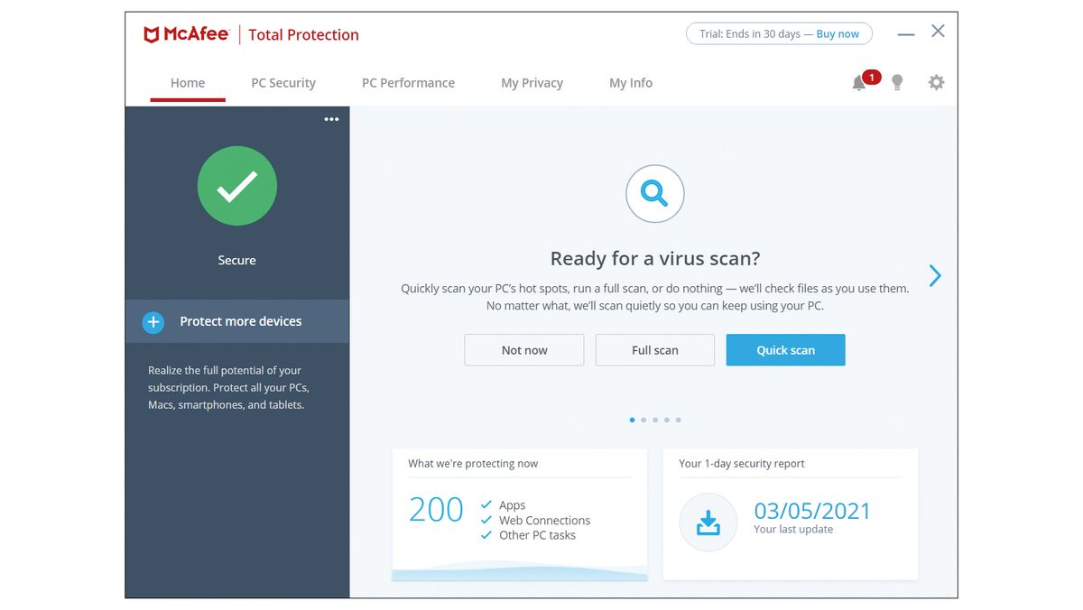 A screenshot of the McAfee Total Protection dashboard