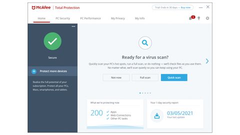 A screenshot of the McAfee Total Protection dashboard