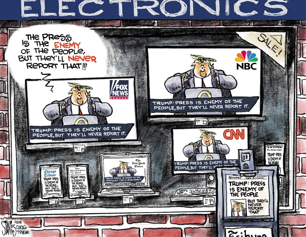 Political cartoon U.S. Trump media FOX news CNN NBC free press first amendment enemy of the people