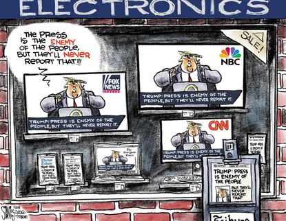 Political cartoon U.S. Trump media FOX news CNN NBC free press first amendment enemy of the people
