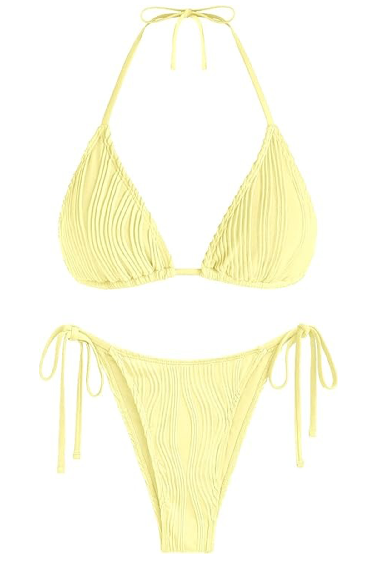 Zaful Wave Textured Halter Bikini for Women 2 Piece Triangle Bikini Sets Sexy High Cut Bathing Suit Side Tie Swimsuits Yellow S