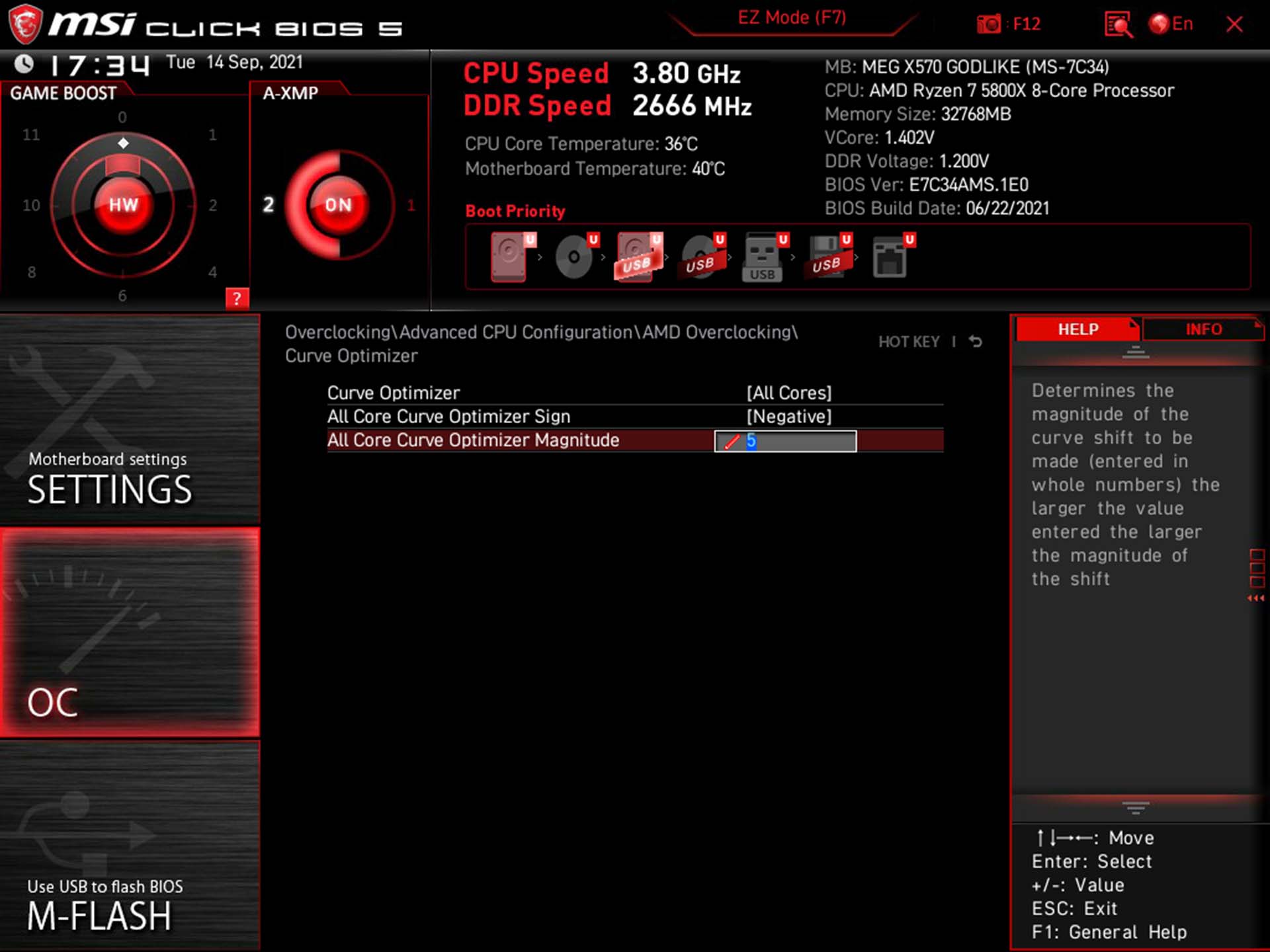 An MSI motherboard BIOS with Curve Optimiser all-core settings highlighted