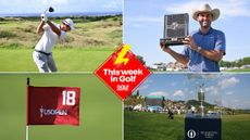 Nicolas Colasarts on his backswing of a drive, a red US Open flag, Scottie Scheffler holding the CJ Cup Byron Nelson trophy and the Claret Jug with a red This week in Golf logo centered