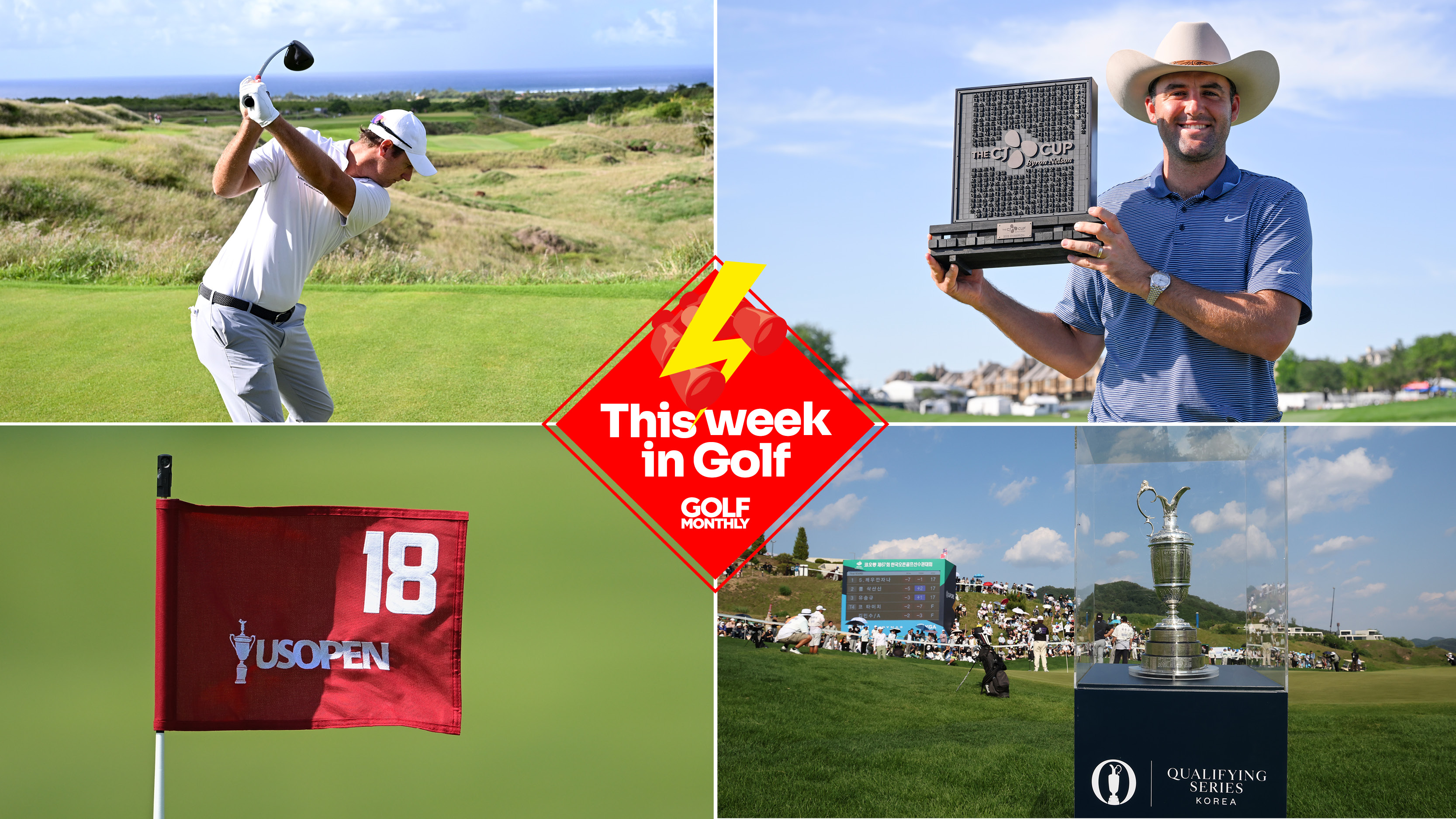 Nicolas Colasarts on his backswing of a drive, a red US Open flag, Scottie Scheffler holding the CJ Cup Byron Nelson trophy and the Claret Jug with a red This week in Golf logo centered