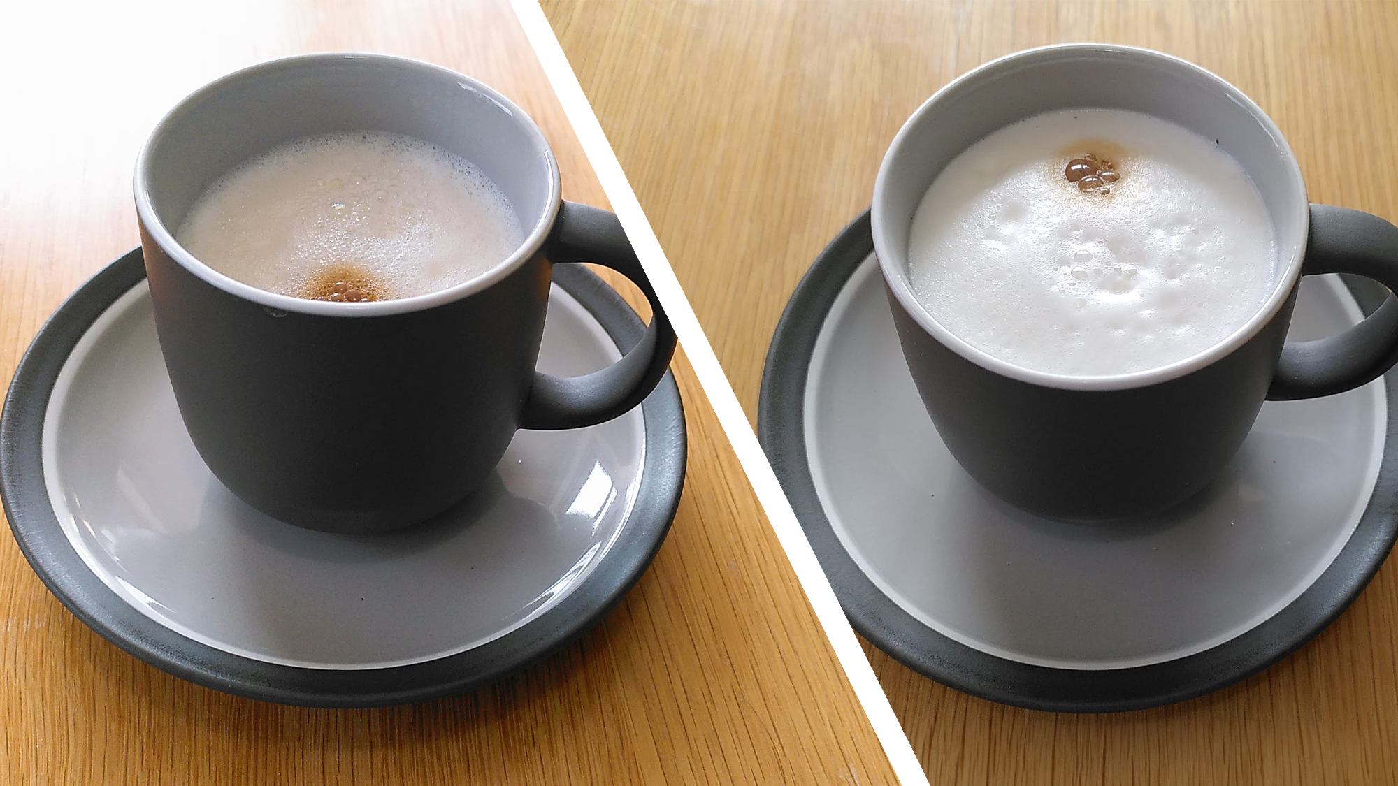 Cappuccinos made using Smeg BCC13 coffee maker with oat milk (left) and dairy milk (right)