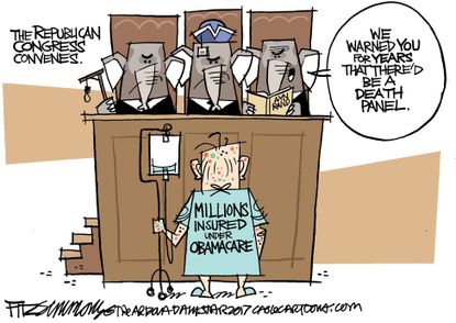 Political Cartoon U.S. Republican Congress death panel Obamacare insured
