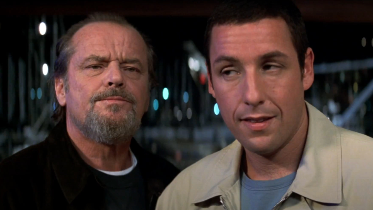 Jack Nicholson looks ahead confidently while Adam Sandler glances at him uncomfortably in Anger Management.