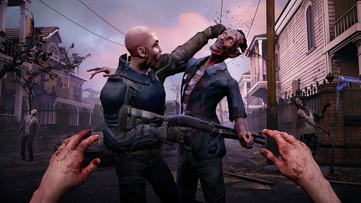 Best horror games - Walking Dead screenshot of a police officer stabbing a zombie through the head with a small knife in a zombie-infested street