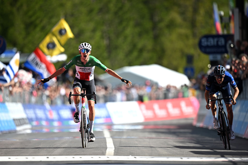 VAL DI ZOLDO PALAFAVERA ITALY MAY 25 LR Filippo Zana of Italy and Team Jayco AlUla celebrates at finish line as stage winner ahead of Thibaut Pinot of France and Team Groupama FDJ during the 106th Giro dItalia 2023 Stage 18 a 161km stage from Oderzo to Val di Zoldo Palafavera 1514m UCIWT on May 25 2023 in Val di Zoldo Palafavera Italy Photo by Stuart FranklinGetty Images