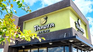 A Panera Bread store on a sunny day with a tree on the left side