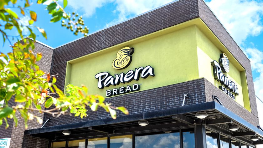 A Panera Bread store on a sunny day with a tree on the left side