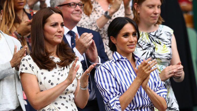 london, england july 14 catherine, duchess of cambridge and meghan, duchess of sussex applaud ahead of the ladies' singles final match between serena williams of the united states and angelique kerber of germany on day twelve of the wimbledon lawn tennis championships at all england lawn tennis and croquet club on july 14, 2018 in london, england photo by michael steelegetty images