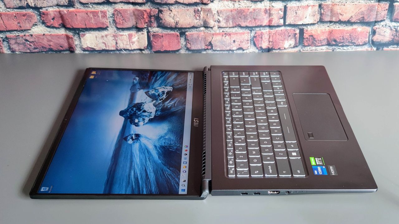 The MSI Prestige 15, flat on a surface