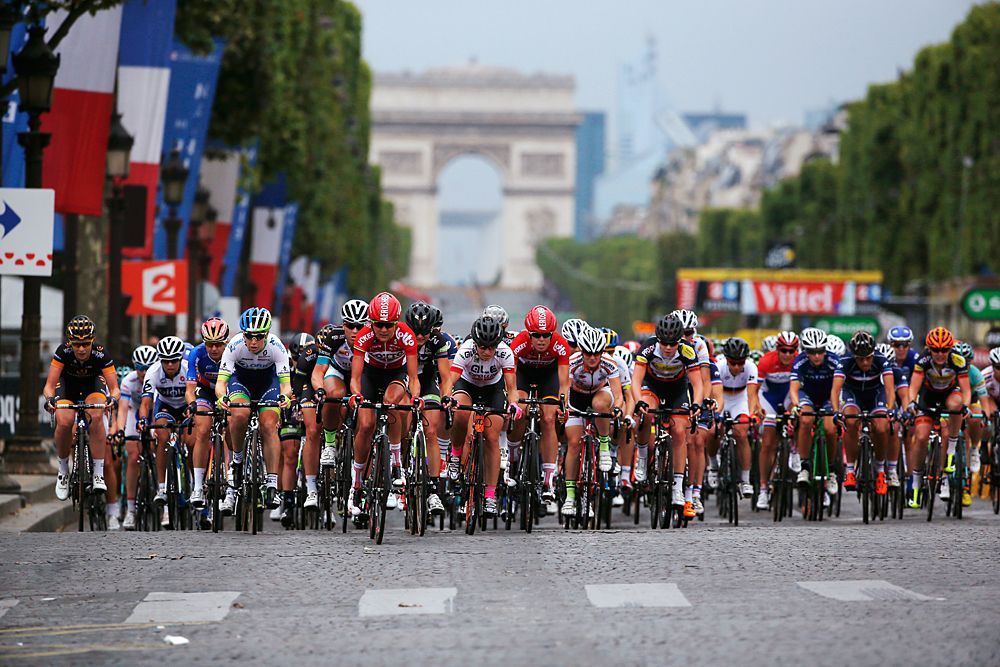 The peloton wide across the Champs-Elysees in Paris