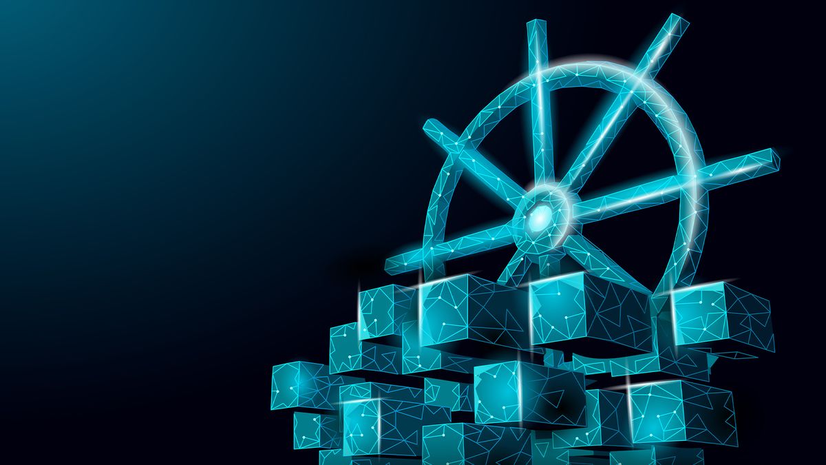 Kubernetes concept art image showing digital ship wheel and miniature containers.