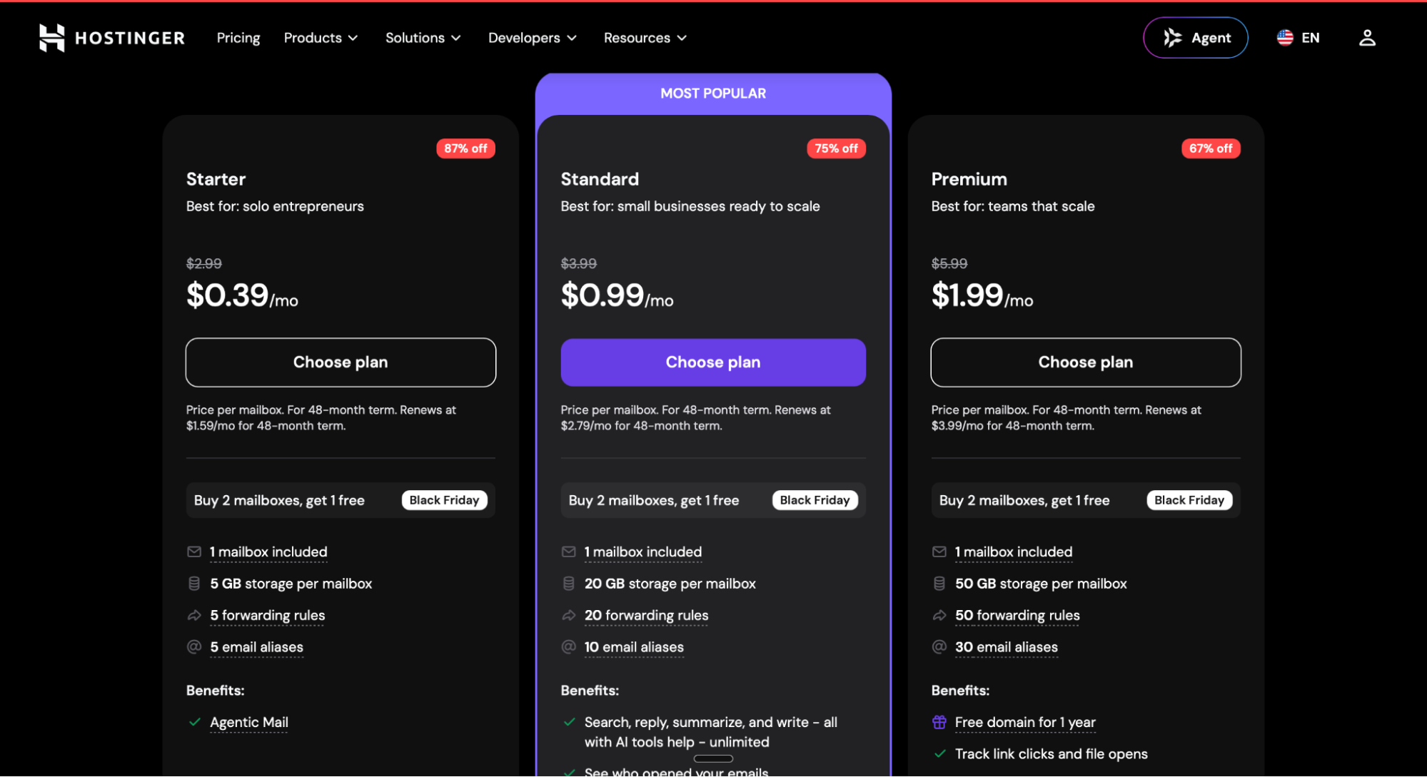 Hostinger email prices and plans