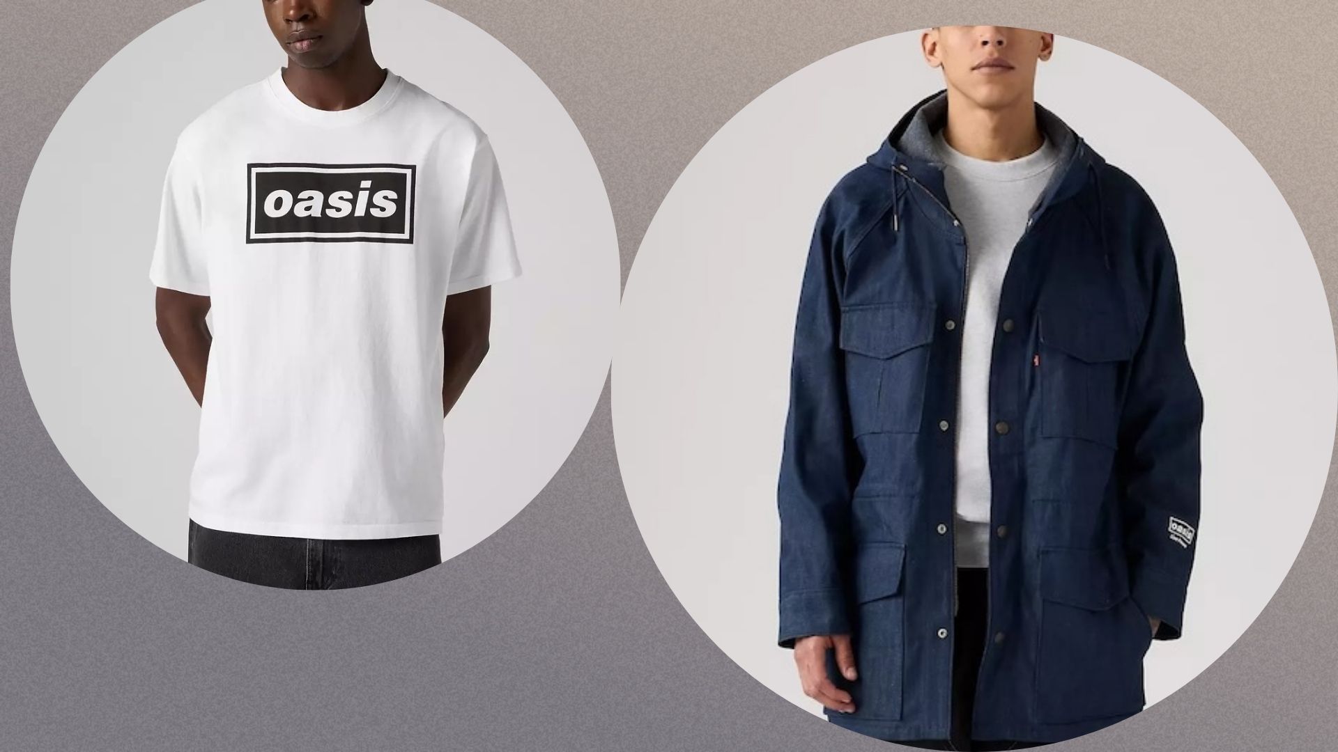 On the left a white tee with Oasis on the front and on the right a blue parka jacket, both on a grey background