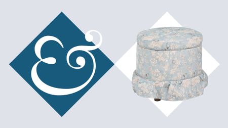 H&G logo alongside a skirted blue floral Nancy Meyers-style storage ottoman