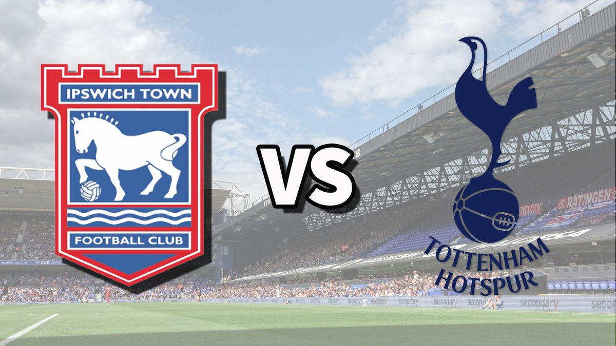 The Ipswich Town and Tottenham Hotspur club badges on top of a photo of Portman Road in Ipswich, England