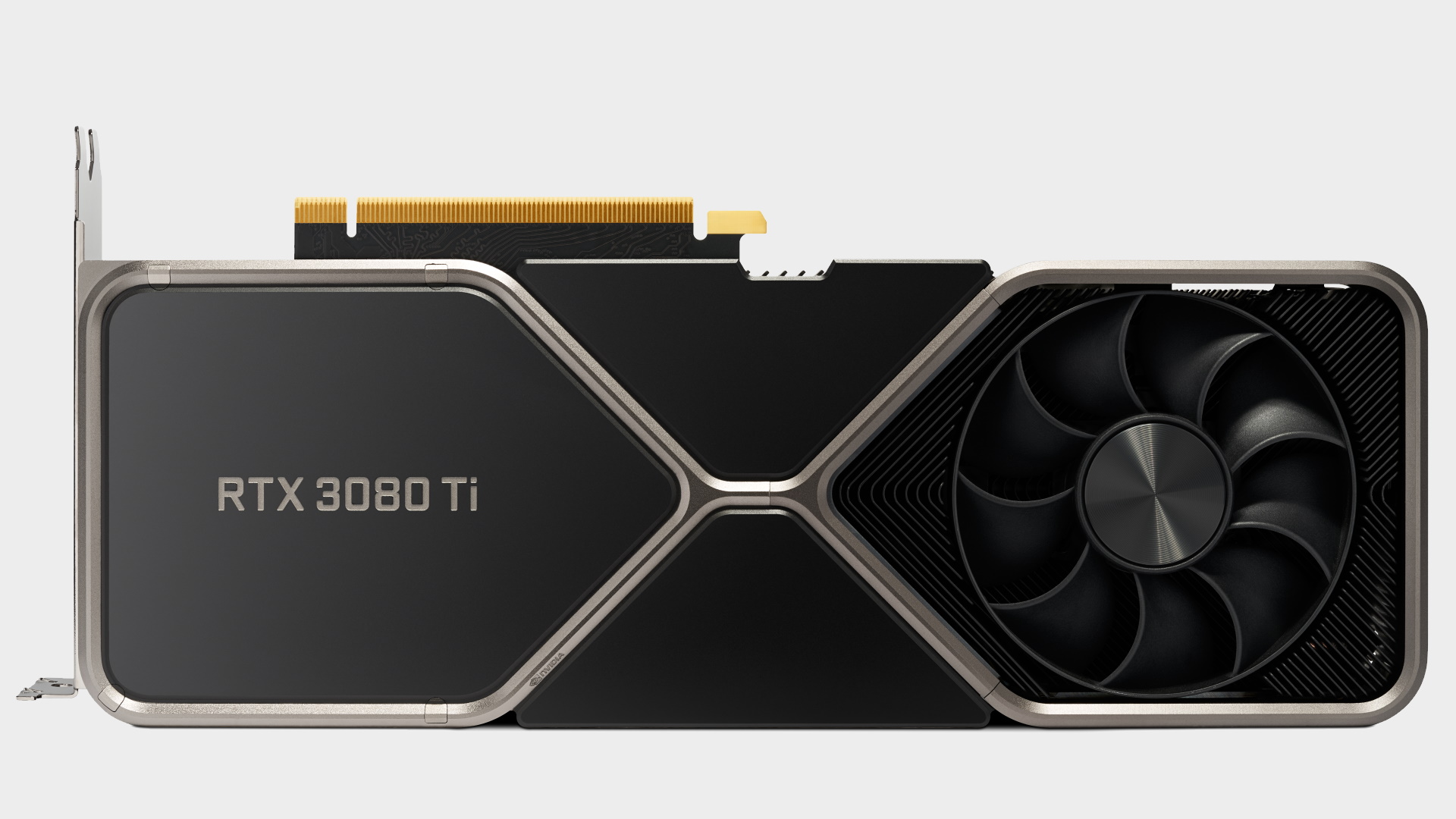 GPU Nvidia GeForce RTX 3080 Ti sobre un fondo gris.