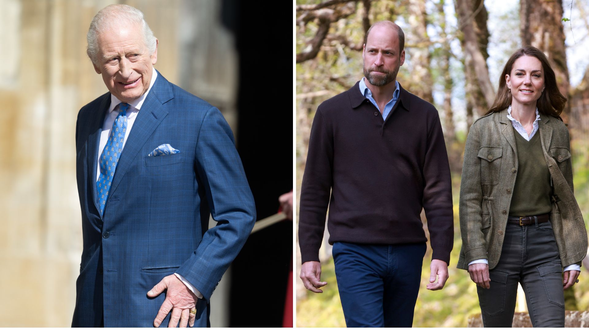 Composite of a picture of King Charles on Easter Sunday 2025 and a picture of Prince William and Kate on the Isle of Mull in 2025