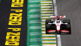 Kevin Magnussen of Denmark driving the (20) Haas F1 VF-22 Ferrari on track during practice ahead of the F1 Brazilian Grand Prix at Interlagos.