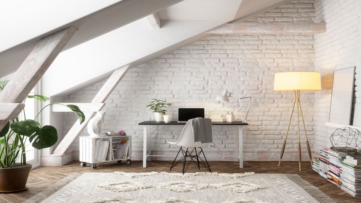 Scandinavian style loft working space, predominately white