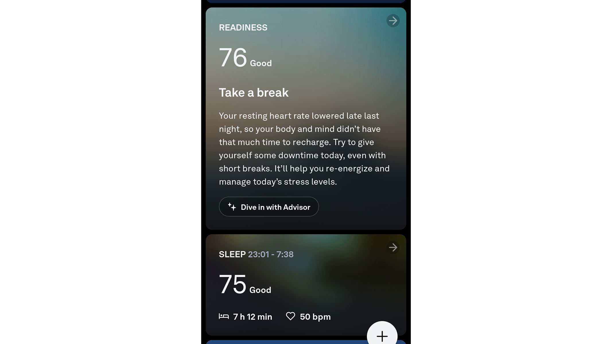 A screenshot of the Readiness score from the Oura app