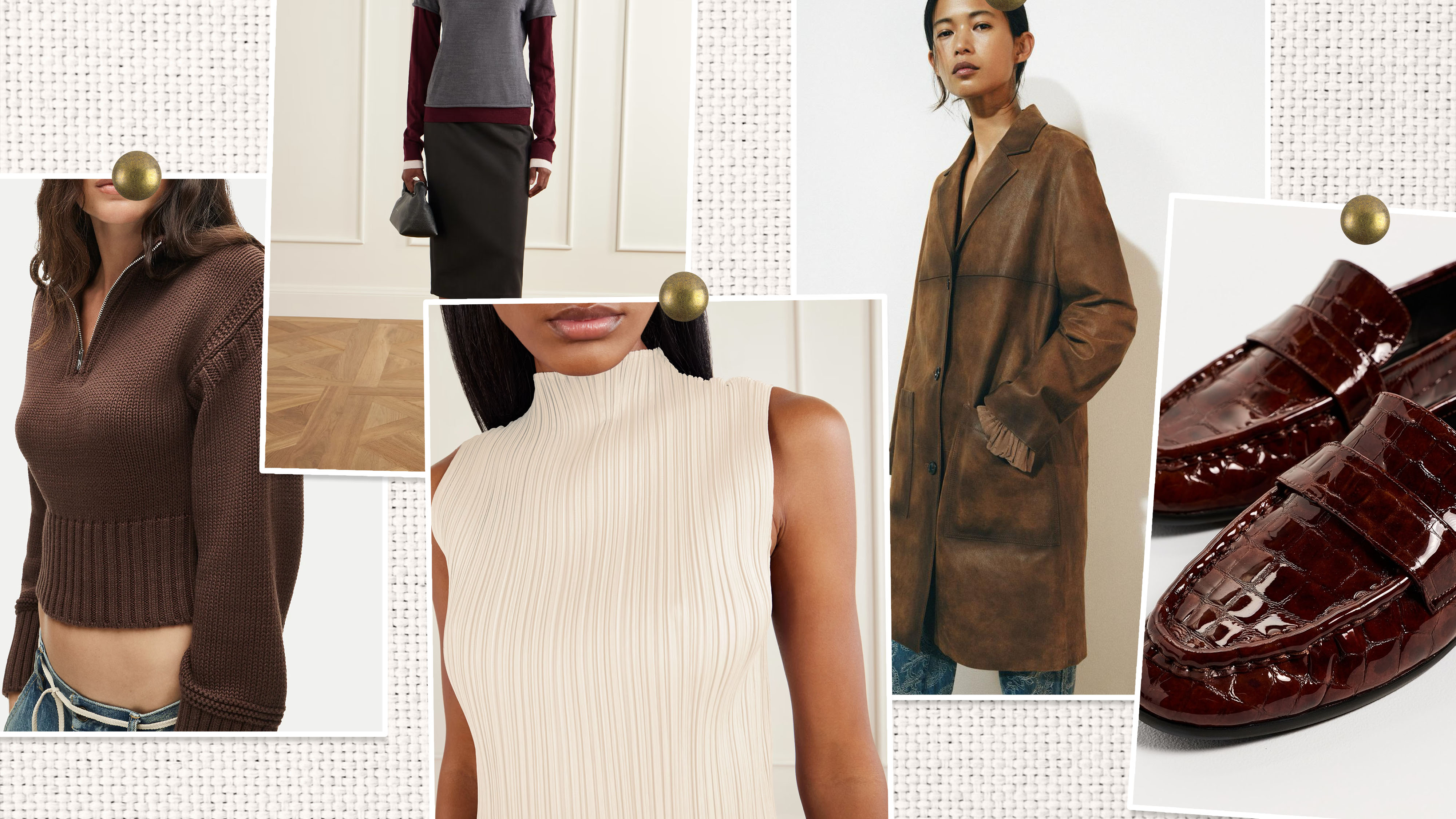 a collage of J.Crew, Staud, Issey, Zara, Black Suede Studio fall items