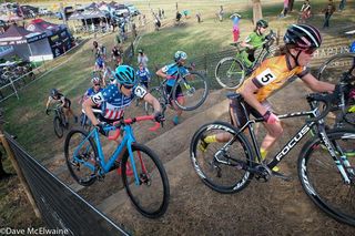 Amanda Miller (Boulder Cycle Sport) and Katie Compton (Trek) chasing Amanda Nauman on lap one
