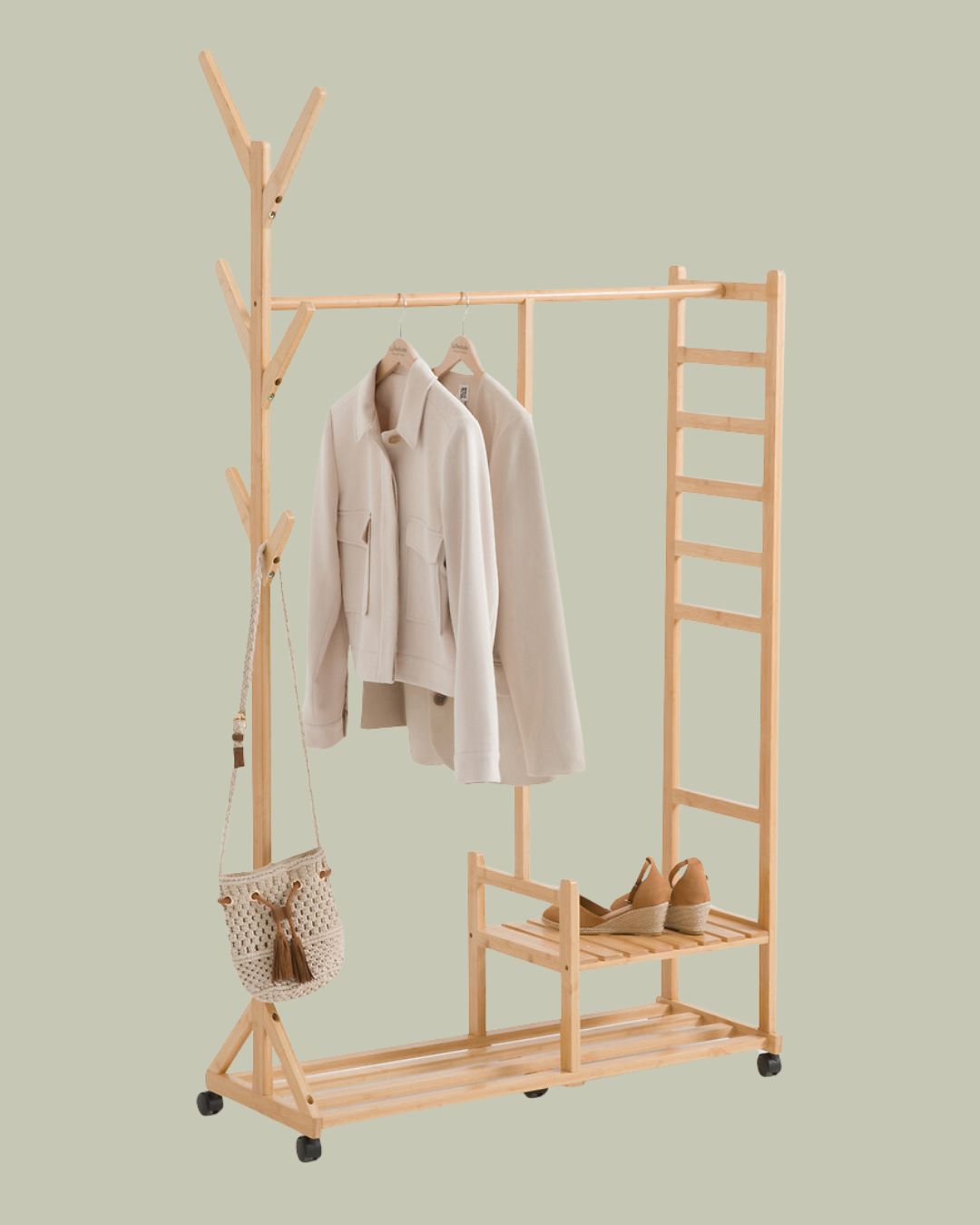 Boni Bamboo Coat Rack Unit againt pale green background.