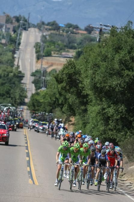 The peloton begins to split as they come into the roll hills of Escondido.