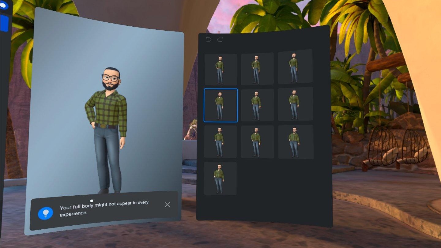Meta avatar customization menu for different body types