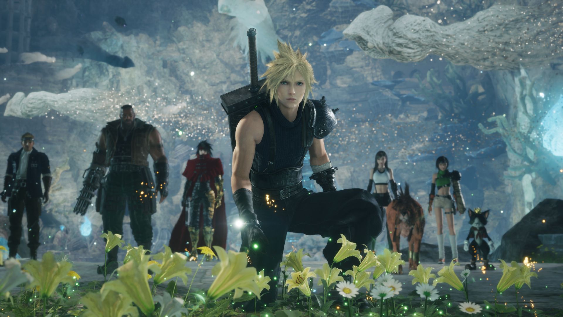 Photo: gamesradar.com Cloud kneels before some yellow flowers while companions Barret, Tifa, Red XIII, Cait Sith, Yuffie, Vincent Valentine, and