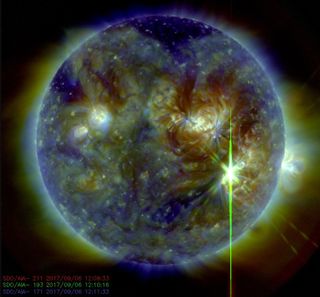A massive, X9.3-class solar flare blasted from the sun at 8:02 a.m. EDT (1202 GMT).