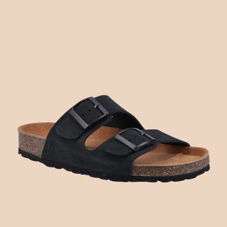 Flat lay image of black sandals 