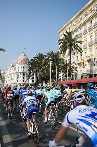 Riders roll out of Nice for the 119 kilometre stage.