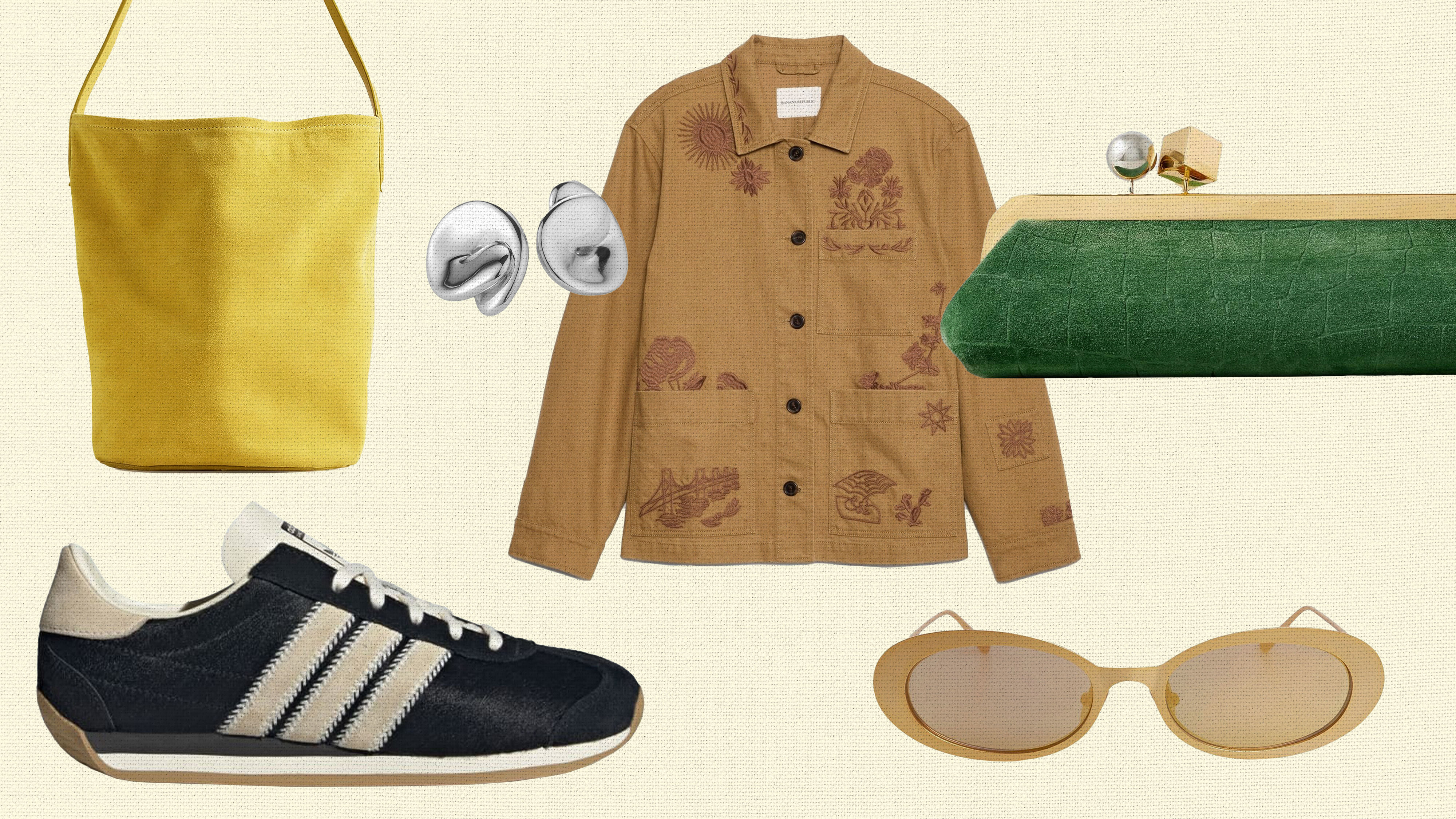 Collage of jacket, earrings, sneakers, bags, and sunglasses