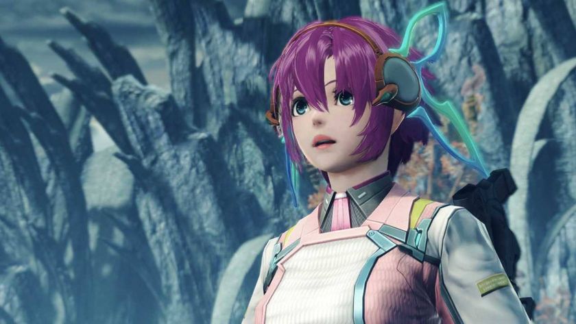 Screenshot of a Xenoblade Chronicles X: Definitive Edition protagonist with short pink hair and a shocked expression.