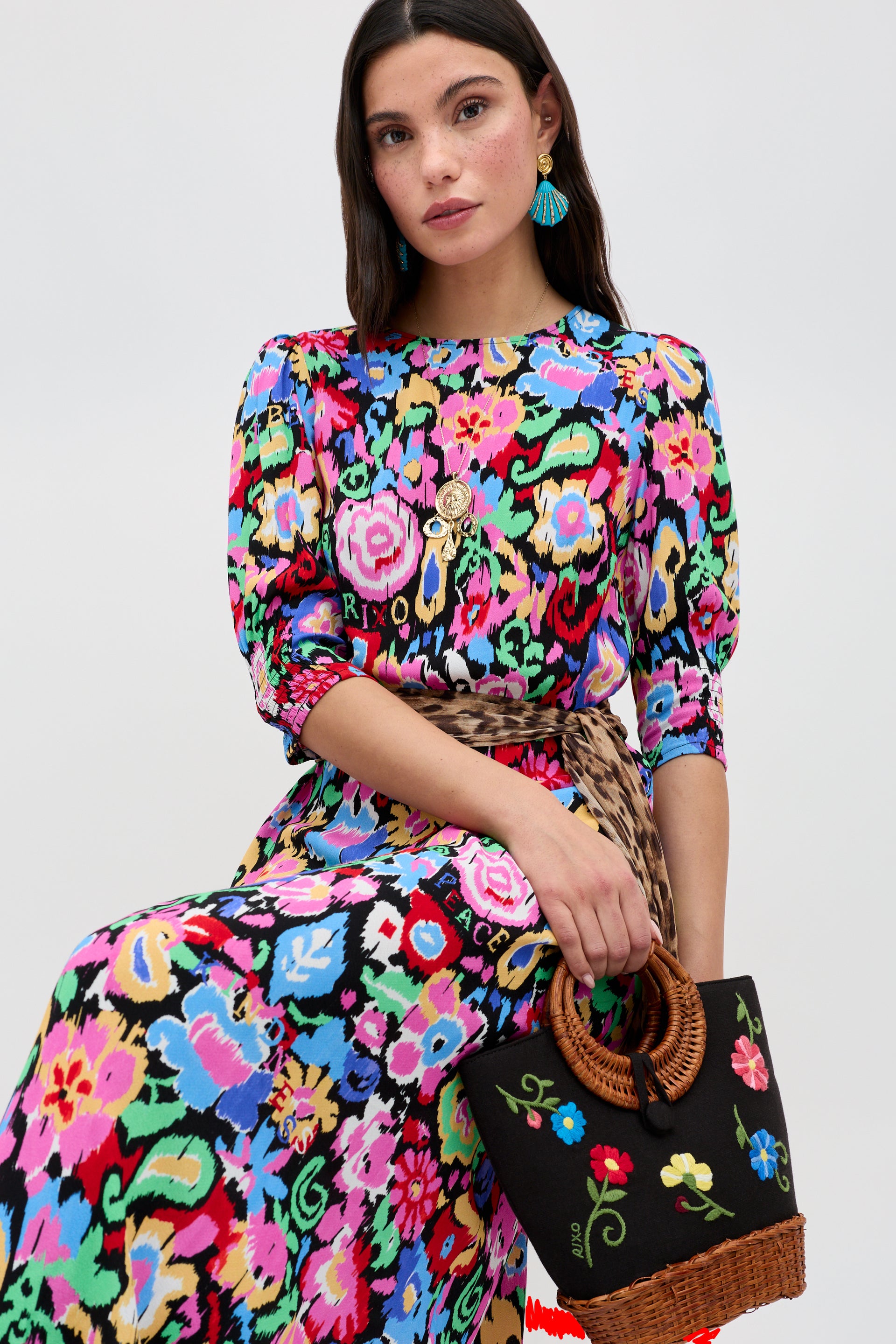 Jess Crepe Midi Dress in Multi Ikat Bloom Charcoal