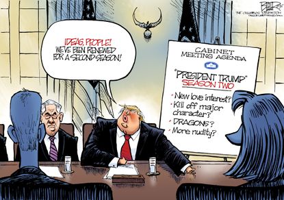 Political cartoon U.S. Trump The Apprentice one year scandal affair allegations Game of Thrones