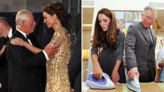 L-King Charles embraces Kate Middleton, R- Kate Middleton and King Charles ironing some paper in an art class 