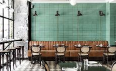 Rustic french bistro with rough walls and leather sofa