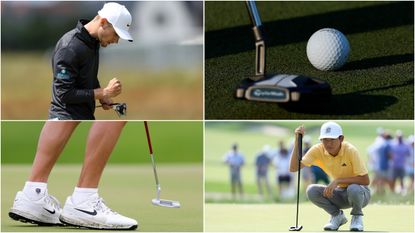 Two pros line up putts, with close ups of putters