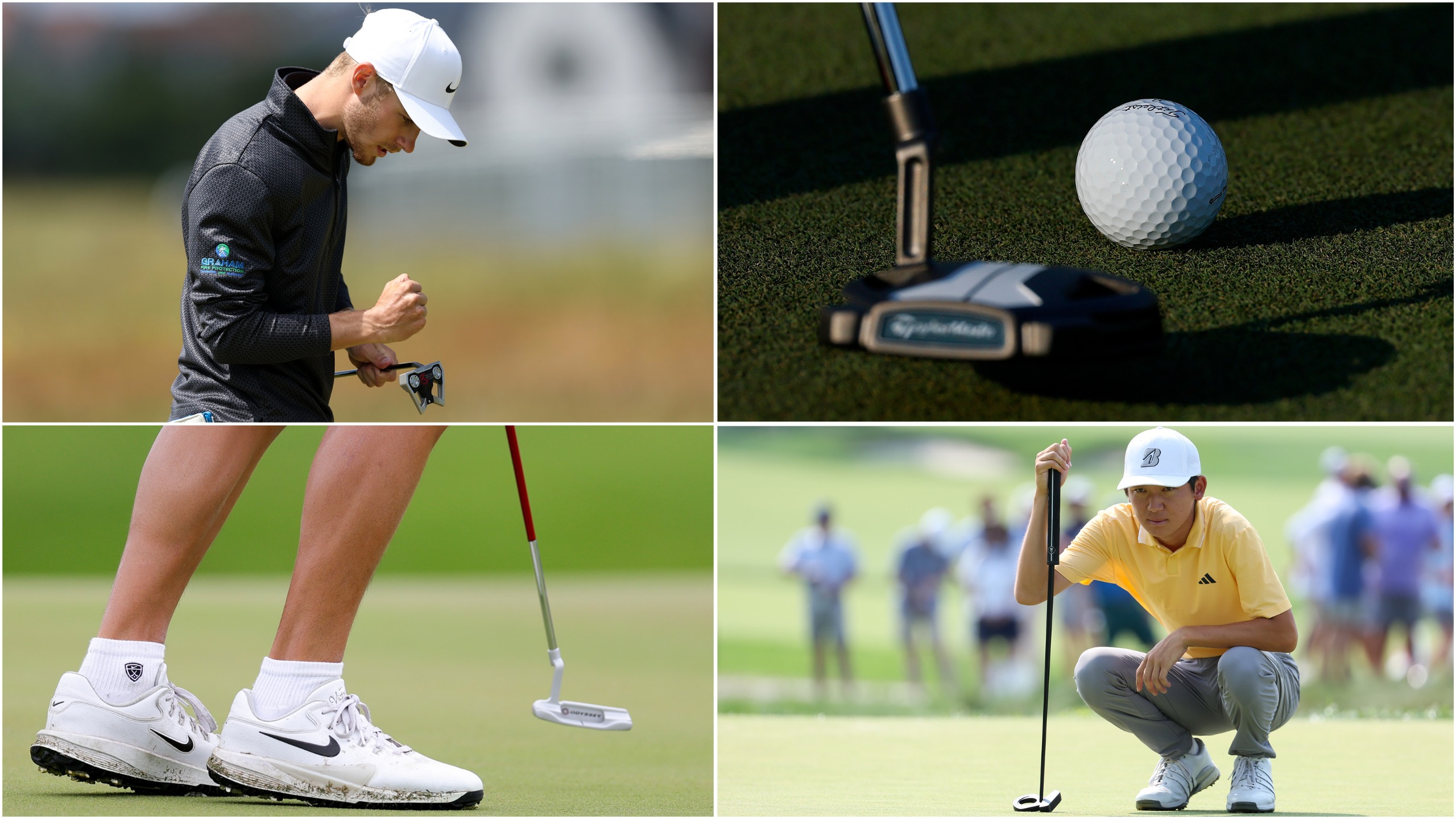 Two pros line up putts, with close ups of putters