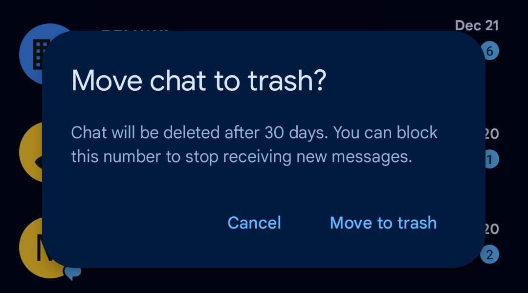 Google Messages 'move chat to trash' prompt