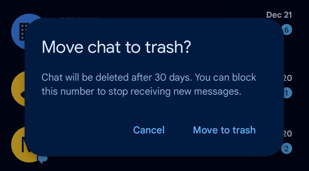 Google Messages 'move chat to trash' prompt
