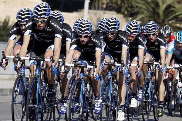 The Orbea Continental Team masses at the front of the peloton.